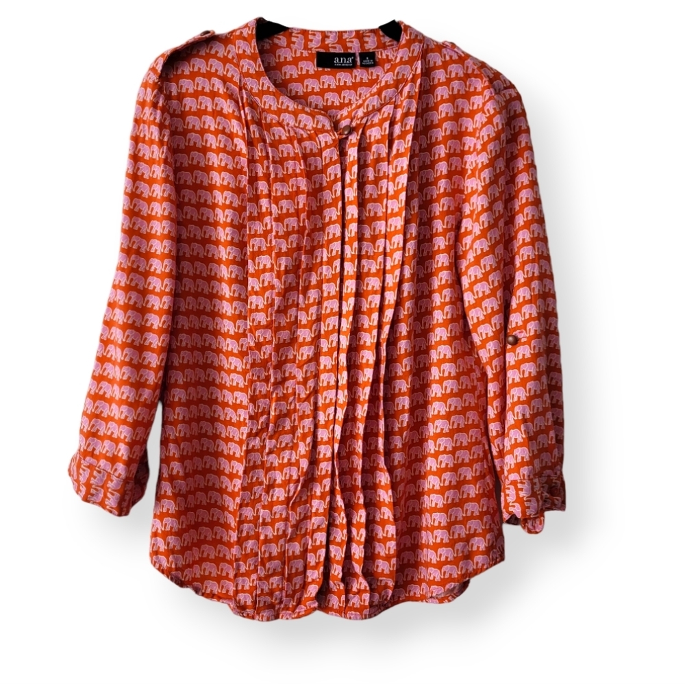 A.N.A. A New Approach Long Sleeve Blouse Orange + Pink Elephants Pleated Front